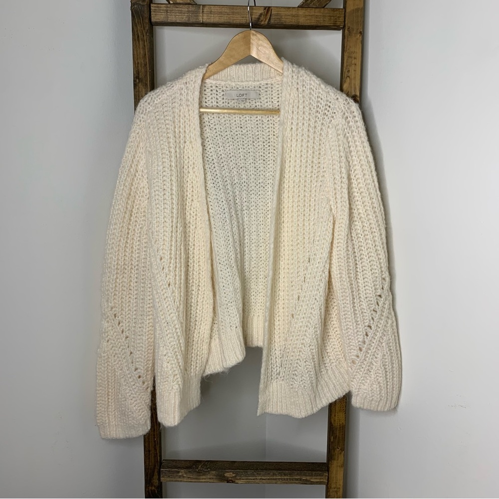 LOFT Knit Cream Open-Front Cardigan Size L